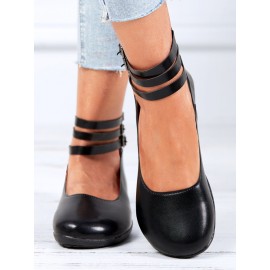 Vintage Black Buckle Decor Comfy Sole Shallow Shoes wtith Back Zip